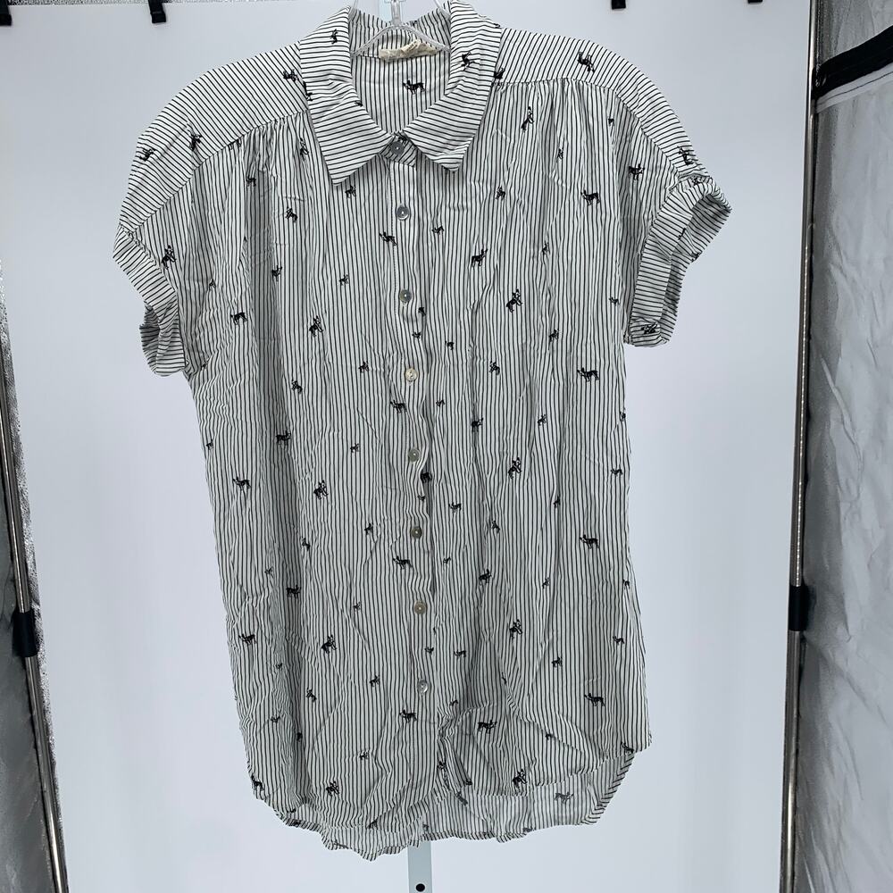 Jane and Delancey French Bulldog blouse vertical stripes dog print women medium